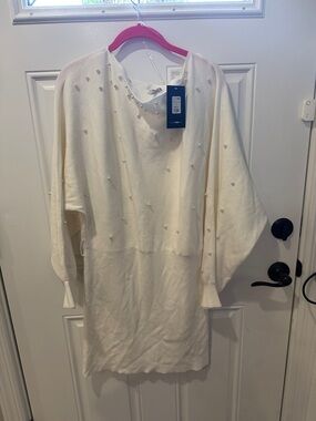 Fashion Nova Cream Pearl-Accent Sweater Dress